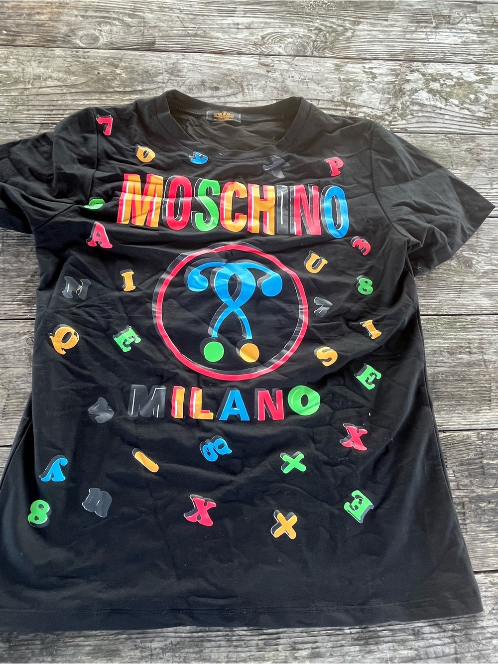 Moschino Black Tee with Rainbow Logo and Playful Lettering colab, sz med